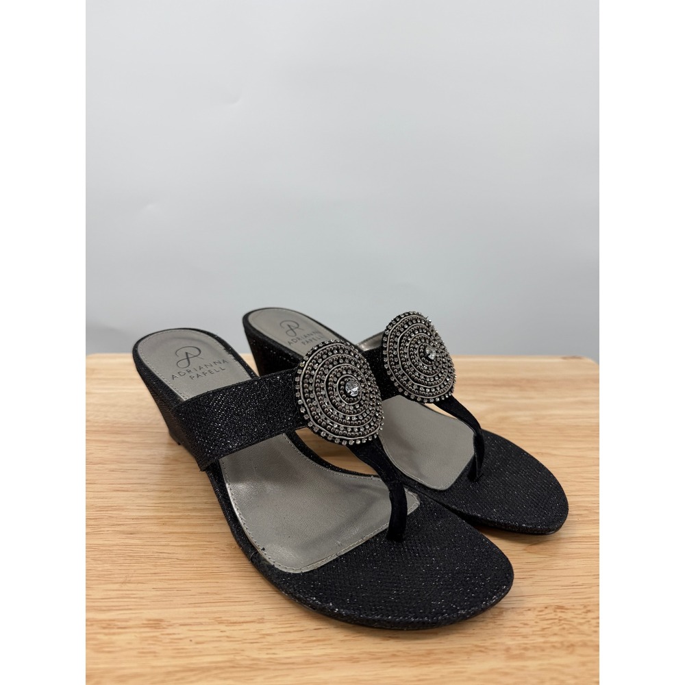 Adrianna Papell Casey Black Glitter Rhinestone Thong Wedge Sandals Sz 8.5M Dress